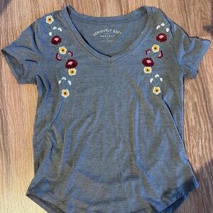 Perfectly Soft Women's Gray V-Neck Tee with Floral Embroidery